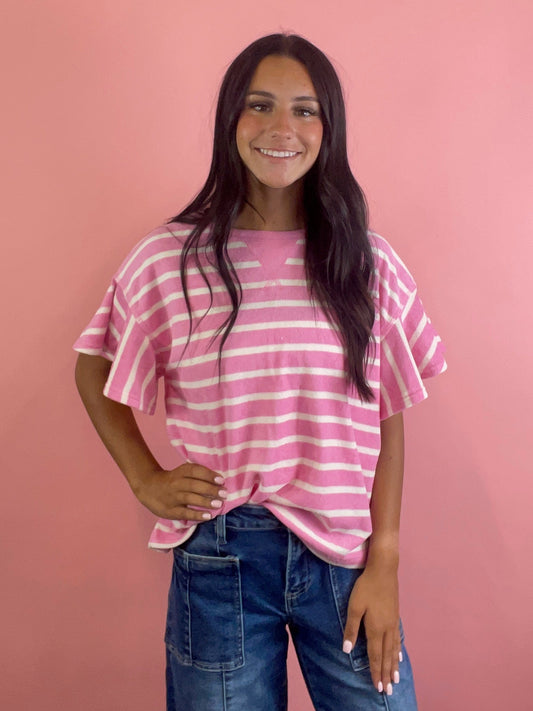 PINK & WHITE STRIPED TERRY TOP