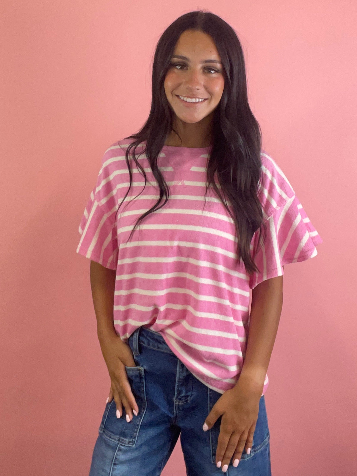 PINK & WHITE STRIPED TERRY TOP