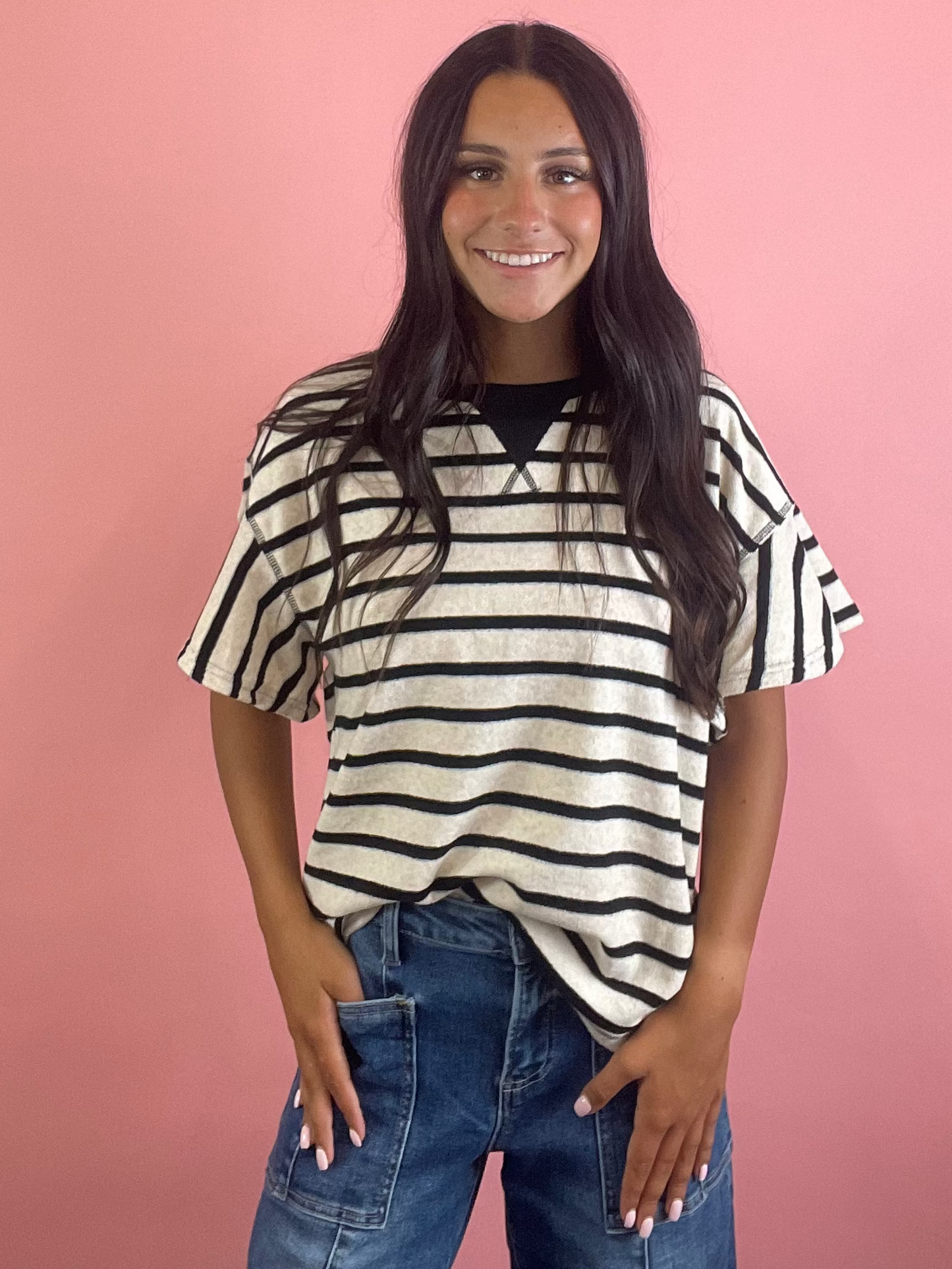BLACK & CREAM STRIPED TERRY TOP
