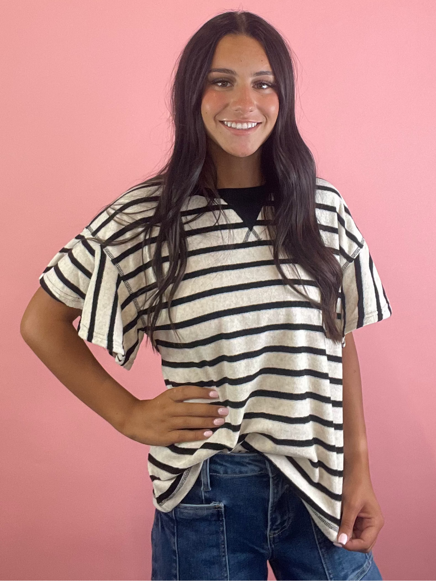 BLACK & CREAM STRIPED TERRY TOP