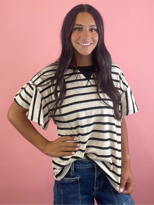 BLACK & CREAM STRIPED TERRY TOP