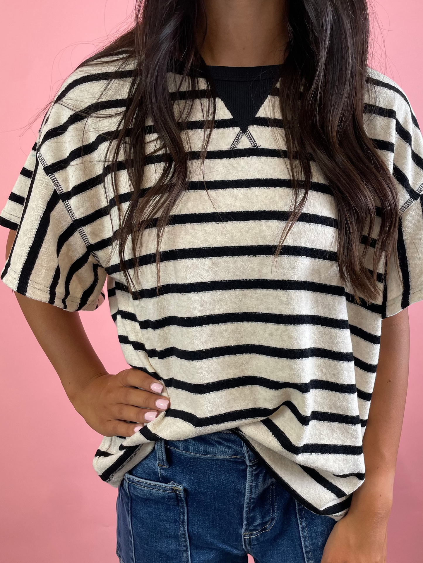 BLACK & CREAM STRIPED TERRY TOP