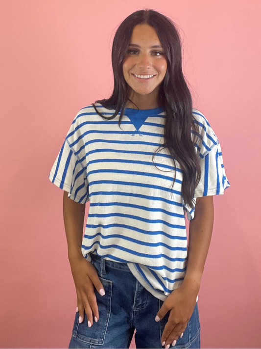 BLUE & WHITE STRIPED TERRY TOP