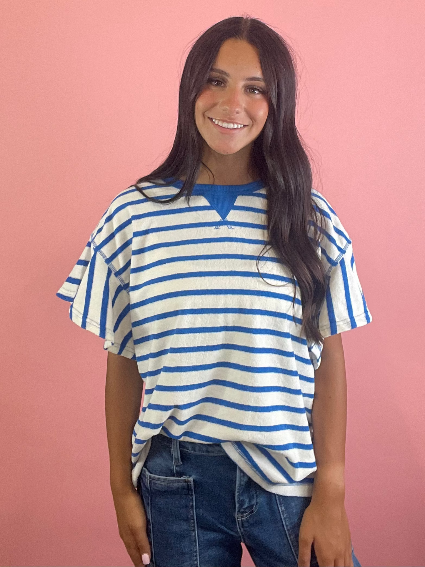 BLUE & WHITE STRIPED TERRY TOP