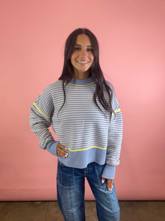 BLUE STRIPED CHENILLE SWEATER