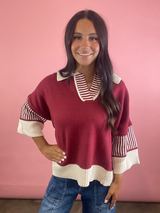 BURGUNDY/CREAM STRIPE SWEATER TOP