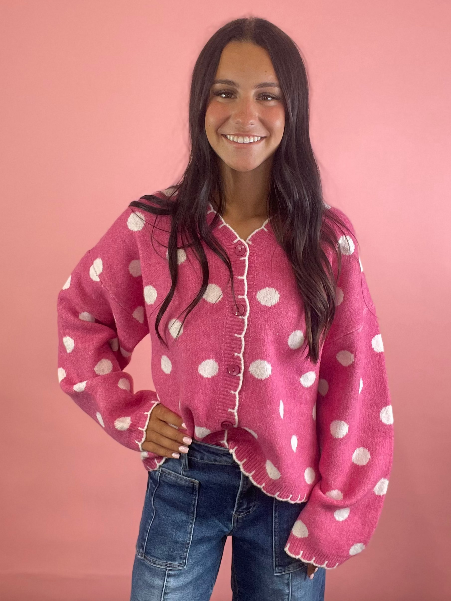 PRETTY IN PINK POLK-A-DOTS CARDIGAN