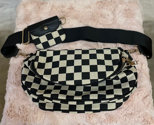 BLACK GLITTER CHECKERED TWO ZIPPER BUM BAG
