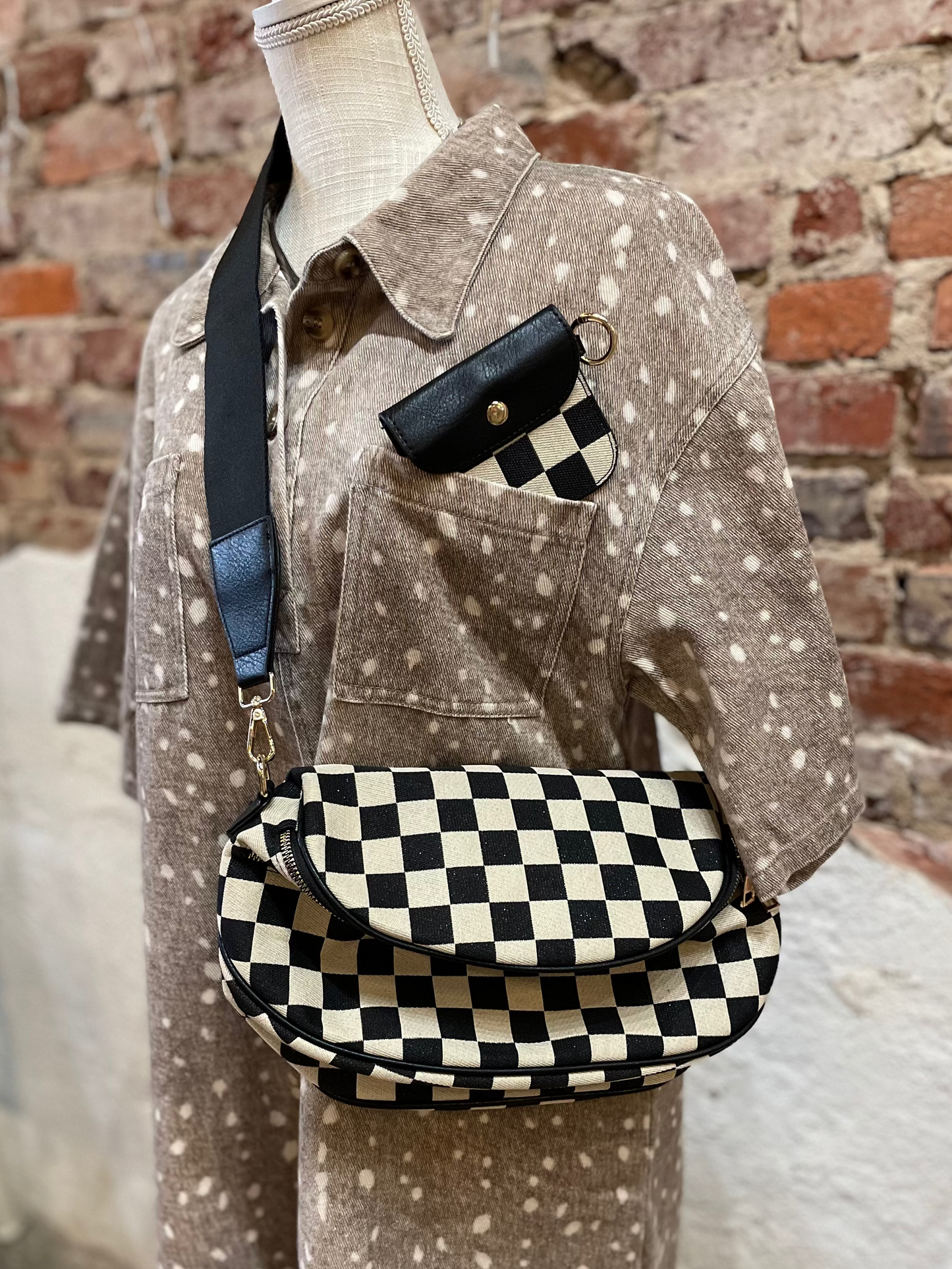 BLACK GLITTER CHECKERED TWO ZIPPER BUM BAG