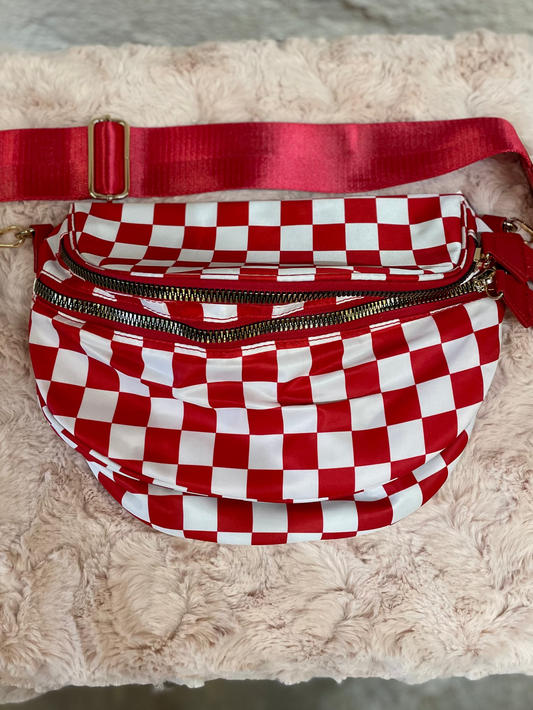 RED/WHITE CHECKERED TWO ZIPPER BUM BAG