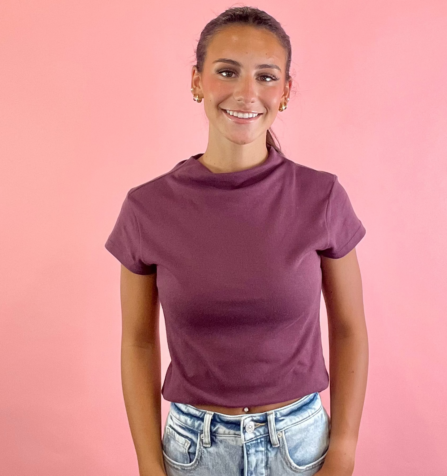 WINE MOCK NECK DRAPED TOP