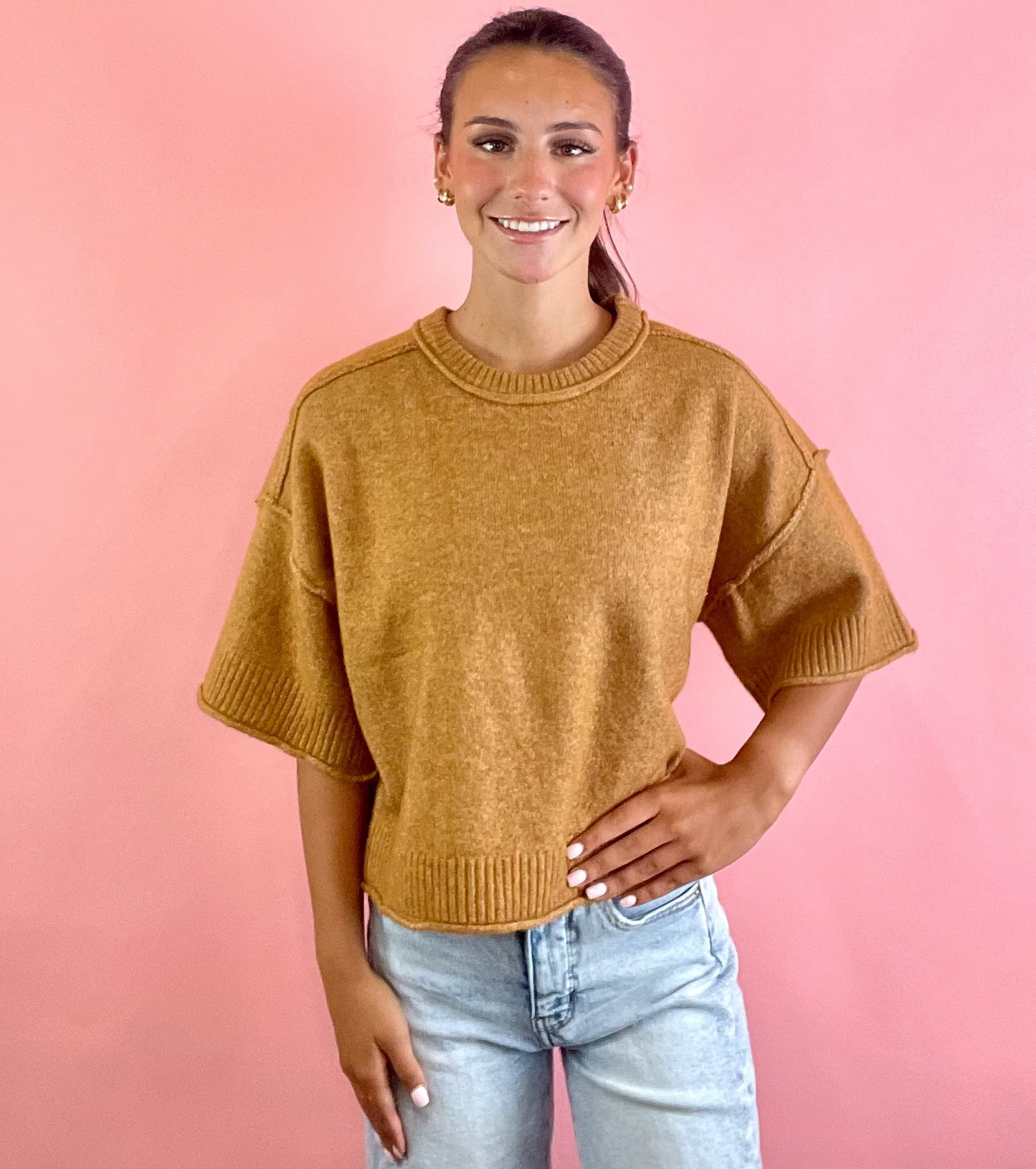 BROWN S/S CROP SWEATER