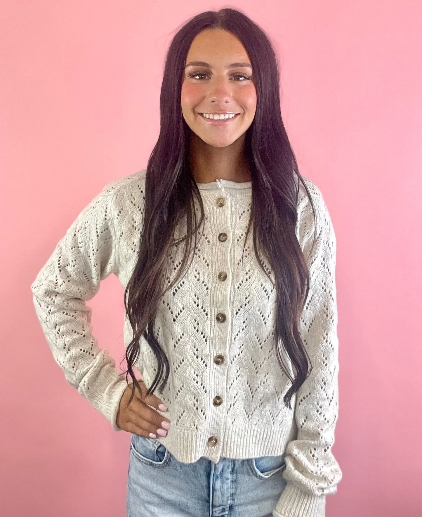 OATMEAL POINTELLE KNIT CARDIGAN