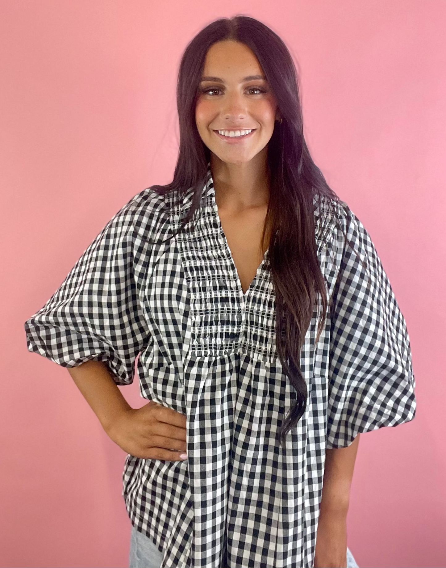 BLACK CHECKERED RUCHED SHIRT