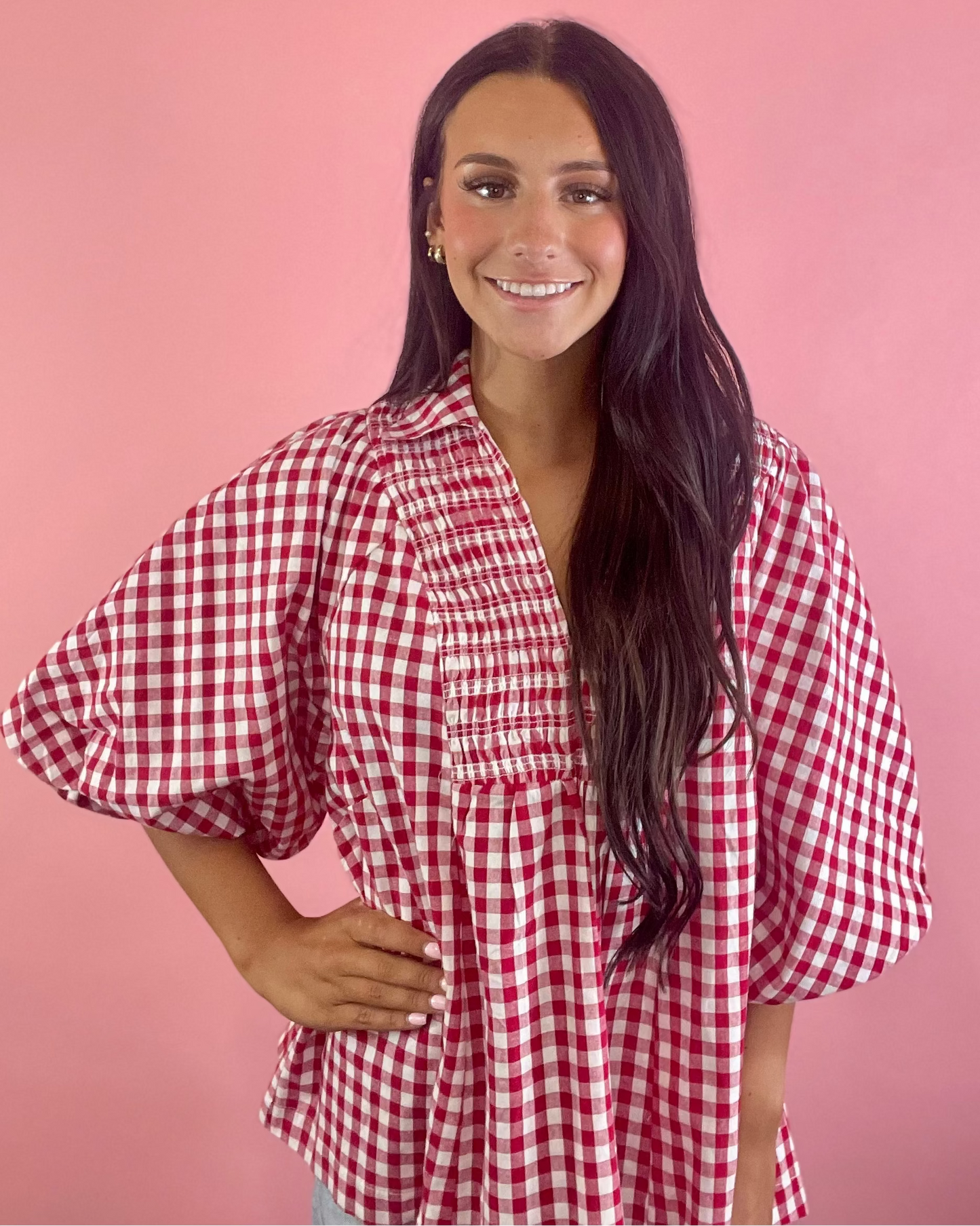 RED CHECKERED RUCHED SHIRT
