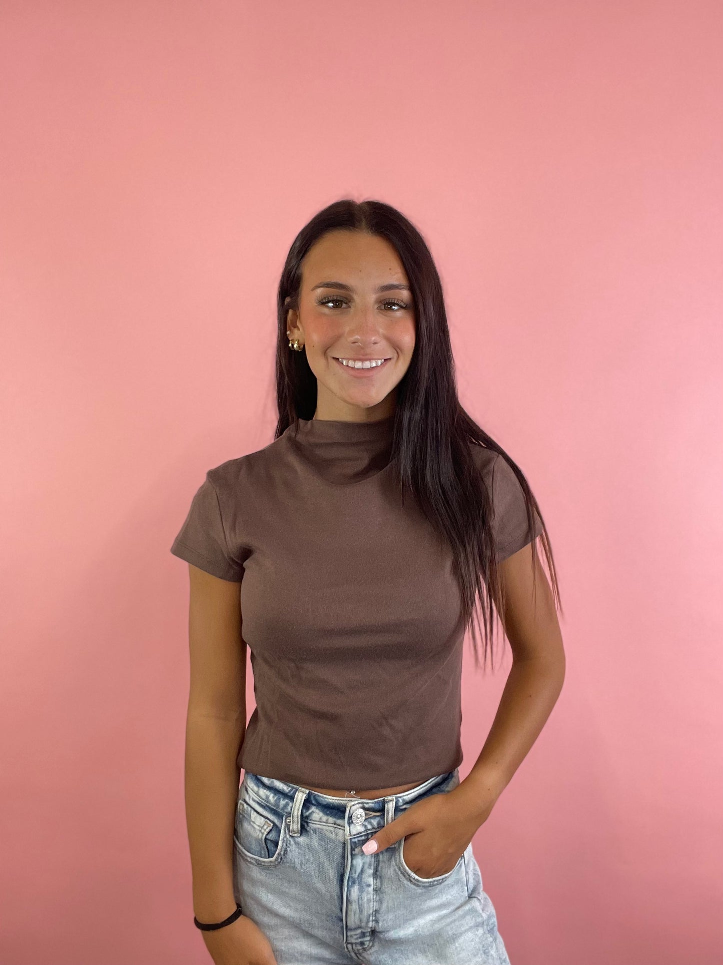 BROWN MOCK NECK DRAPED TOP