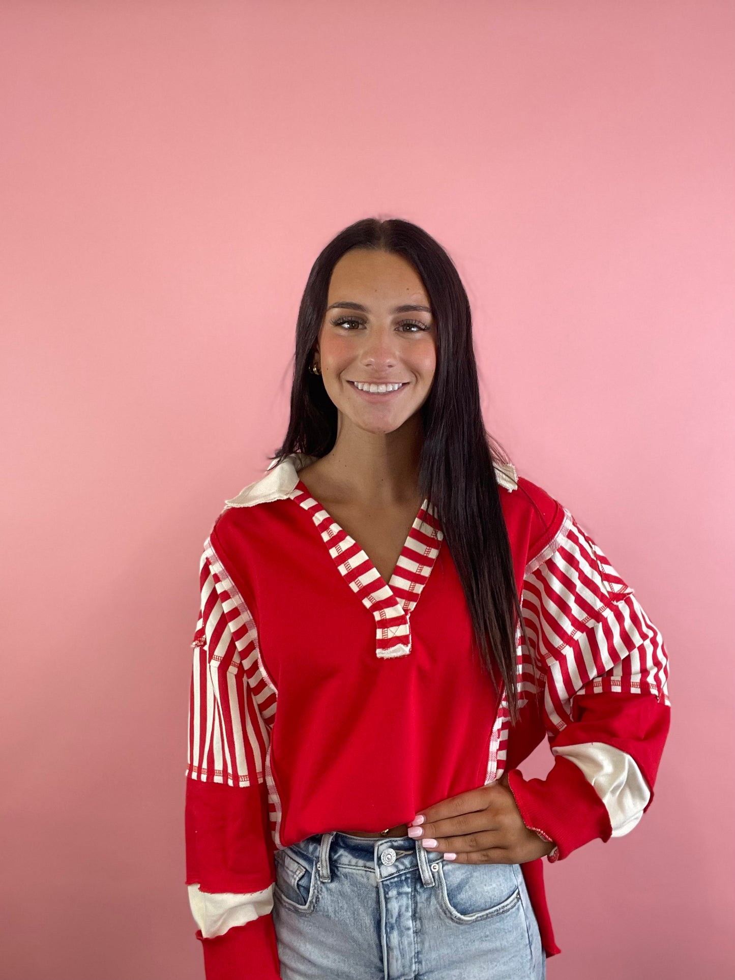 RED STRIPED RUGBY TOP