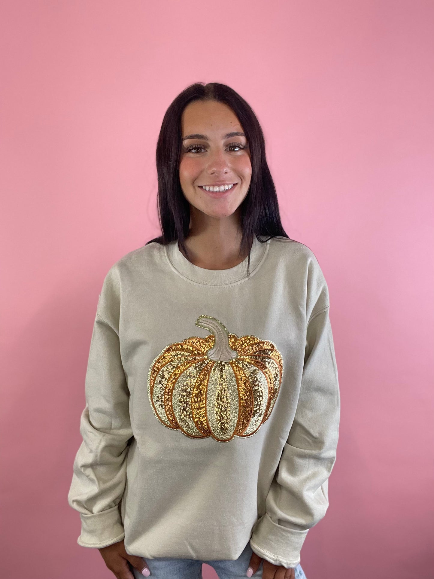 TAN W/GLITTER PATCH SWEATSHIRT