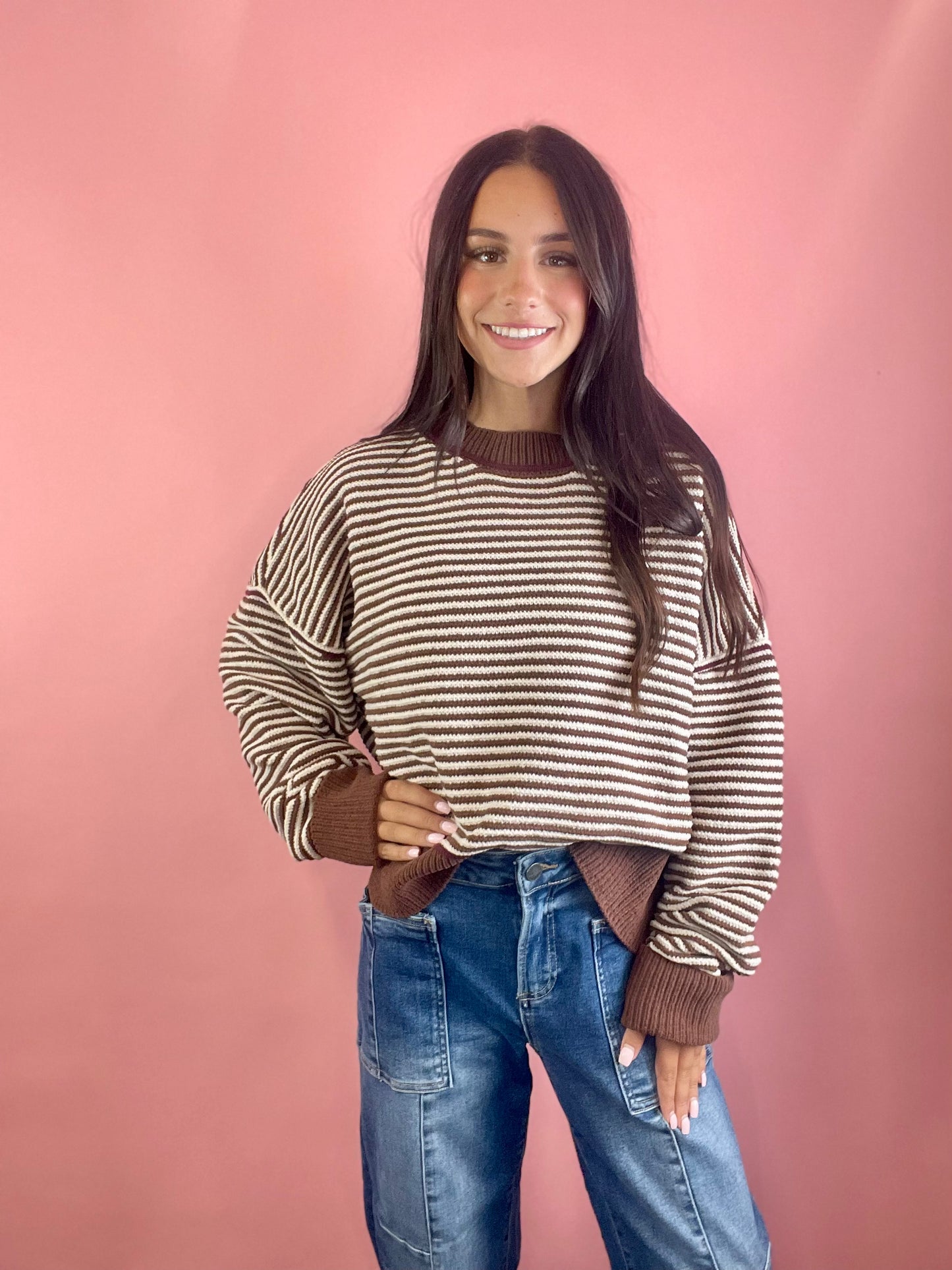 BROWN STRIPED CHENILLE SWEATER