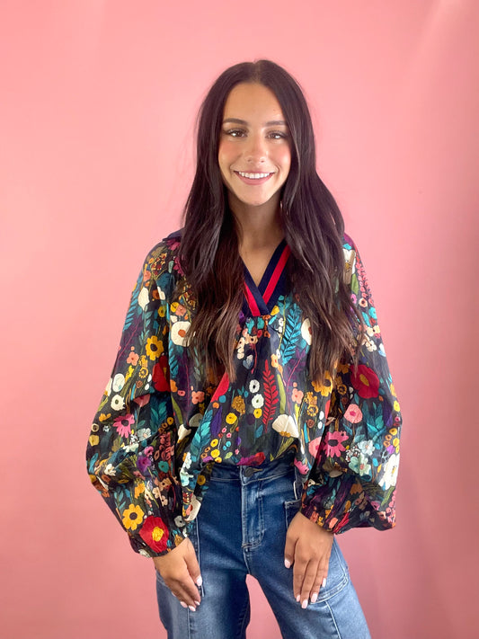 NAVY FLORAL & CORDUROY TOP