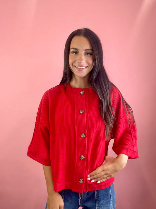 RED THERMAL BUTTON UP SWEATER TOP