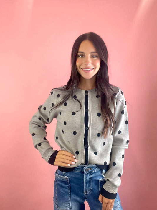 GREY W/BLACK POLK-A-DOT SWEATER