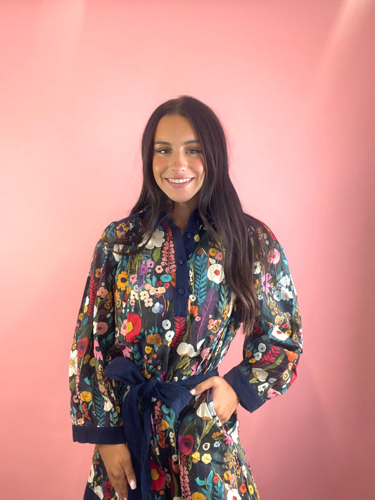 NAVY FLORAL & CORDUROY DRESS