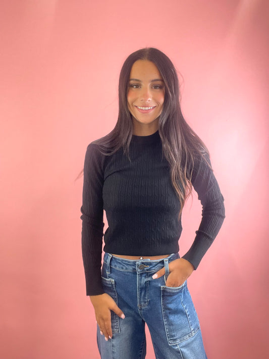 SNUG BLACK CABLE KNIT SWEATER TOP