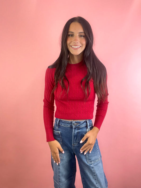 SNUG RED CABLE KNIT SWEATER TOP