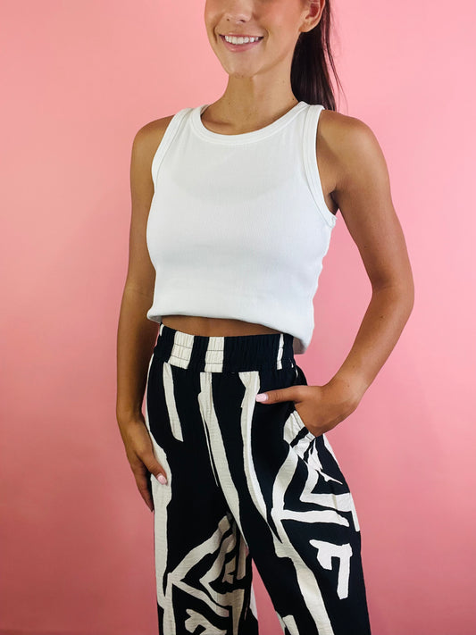 BLACK/OFF WHITE ELASTIC WAIST PANTS