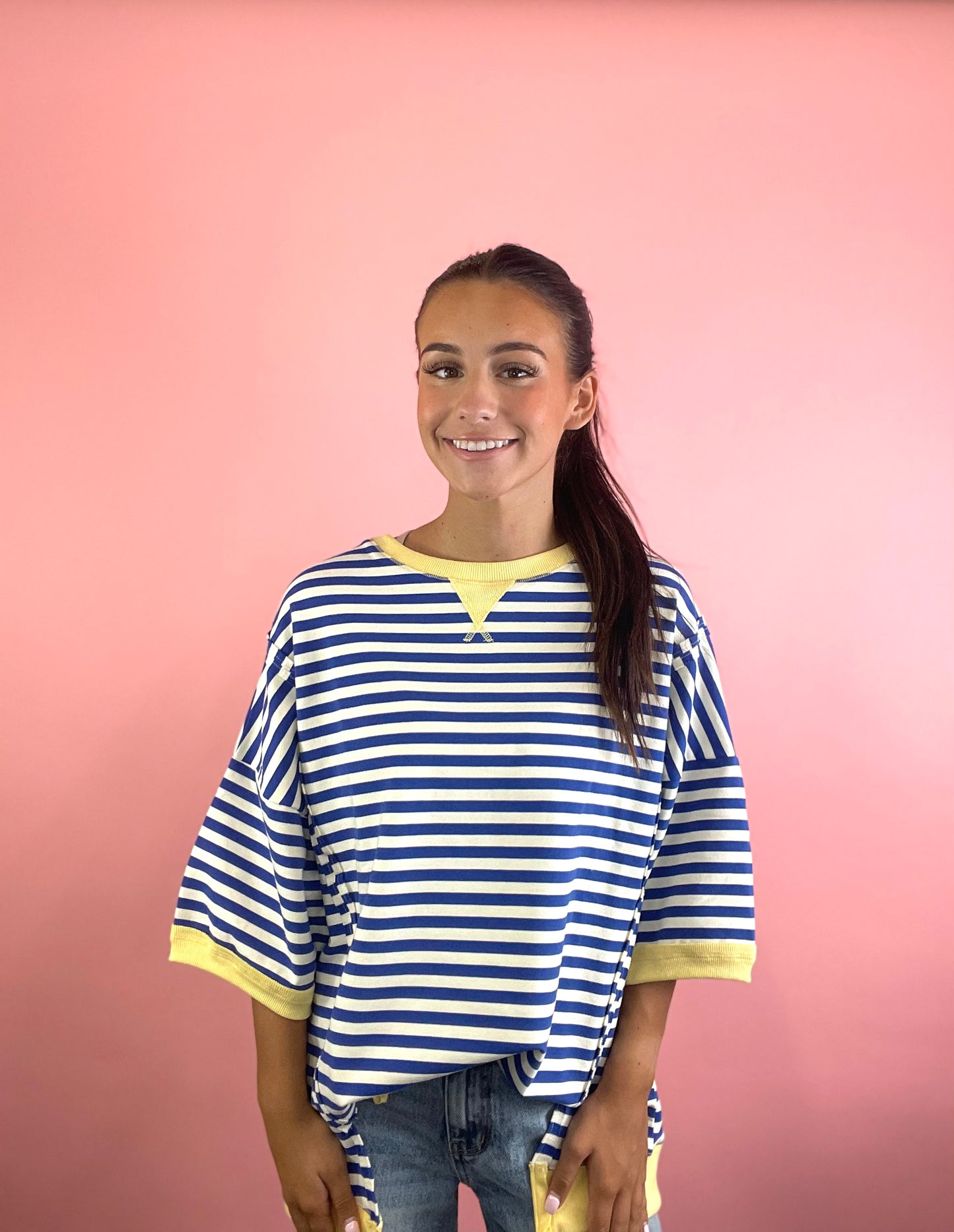 NAVY/YELLOW STRIPED OVERSIZED TOP