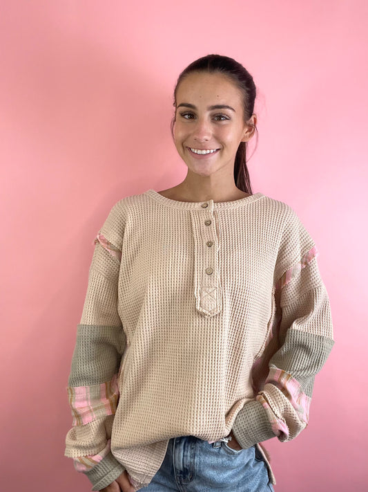 TAN/PINK LS WAFFLE TOP