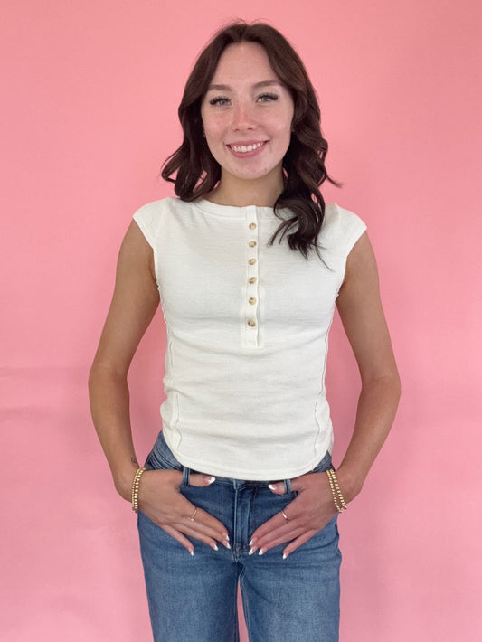 IVORY FITTED CAP SLEEVE HENLEY TOP
