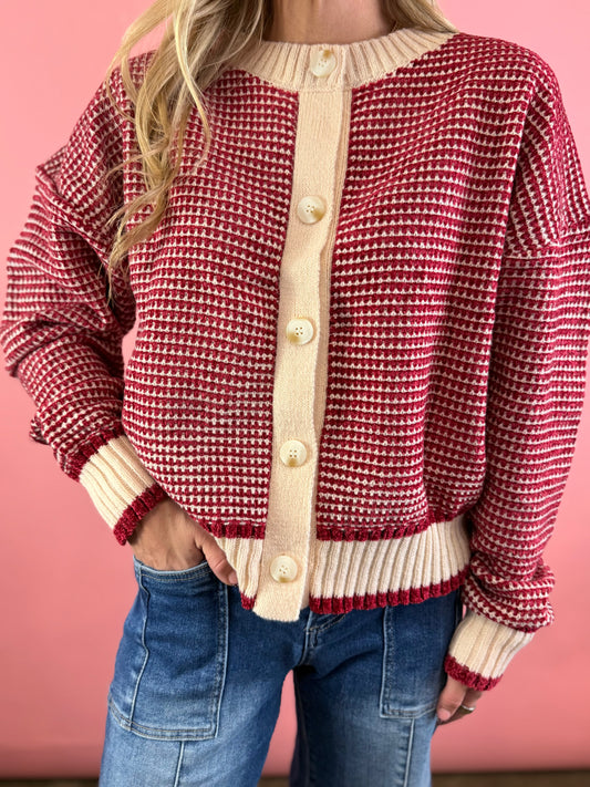 RED & CREAM CHENILLE KNIT SWEATER