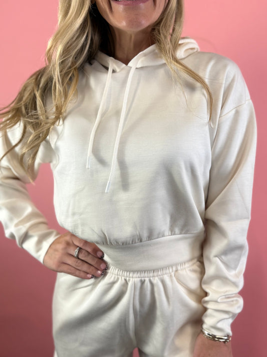 CREAM CROP HOODIE SET
