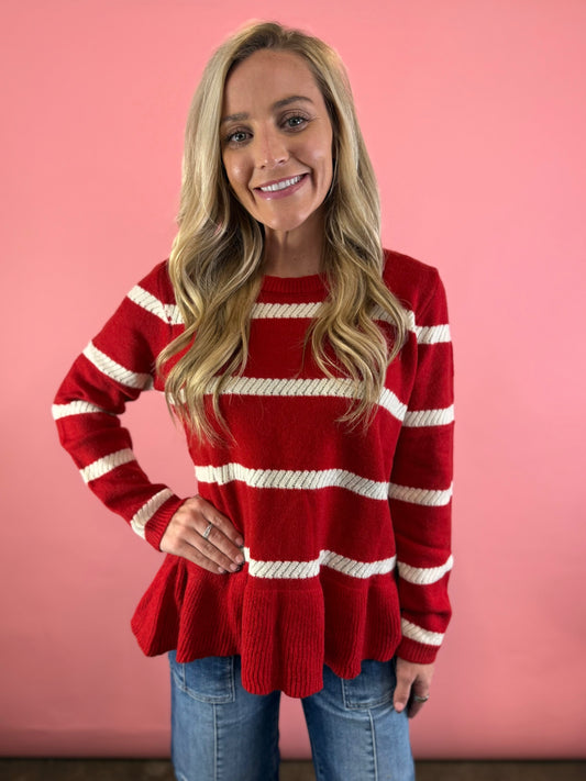 RED & WHITE STRIPED RUFFLE SWEATER