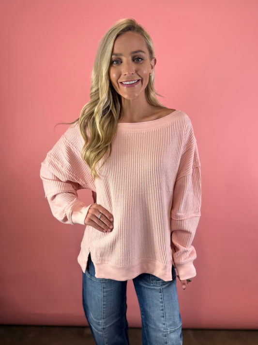 PINK BOATNECK WAFFLE TOP