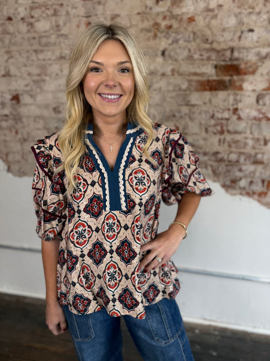 CREAM PUFF SLEEVE LACE NECK TOP