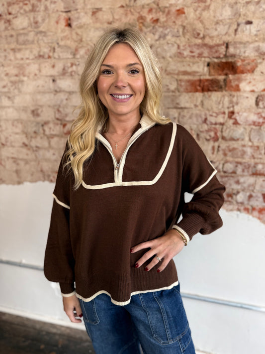 BROWN L/W 1/4 ZIP SWEATER