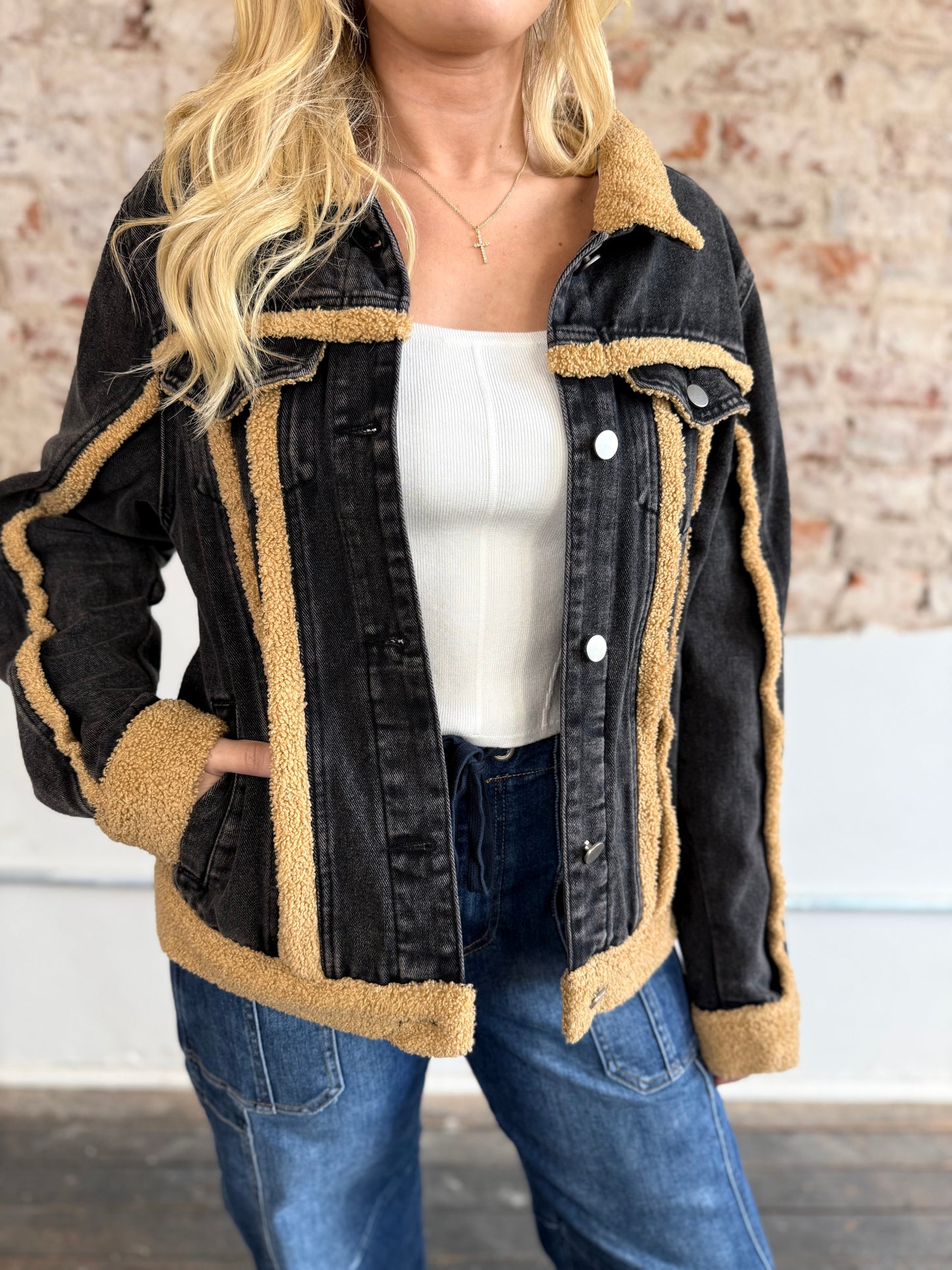 BLACK DENIM TAN SHERPA JACKET