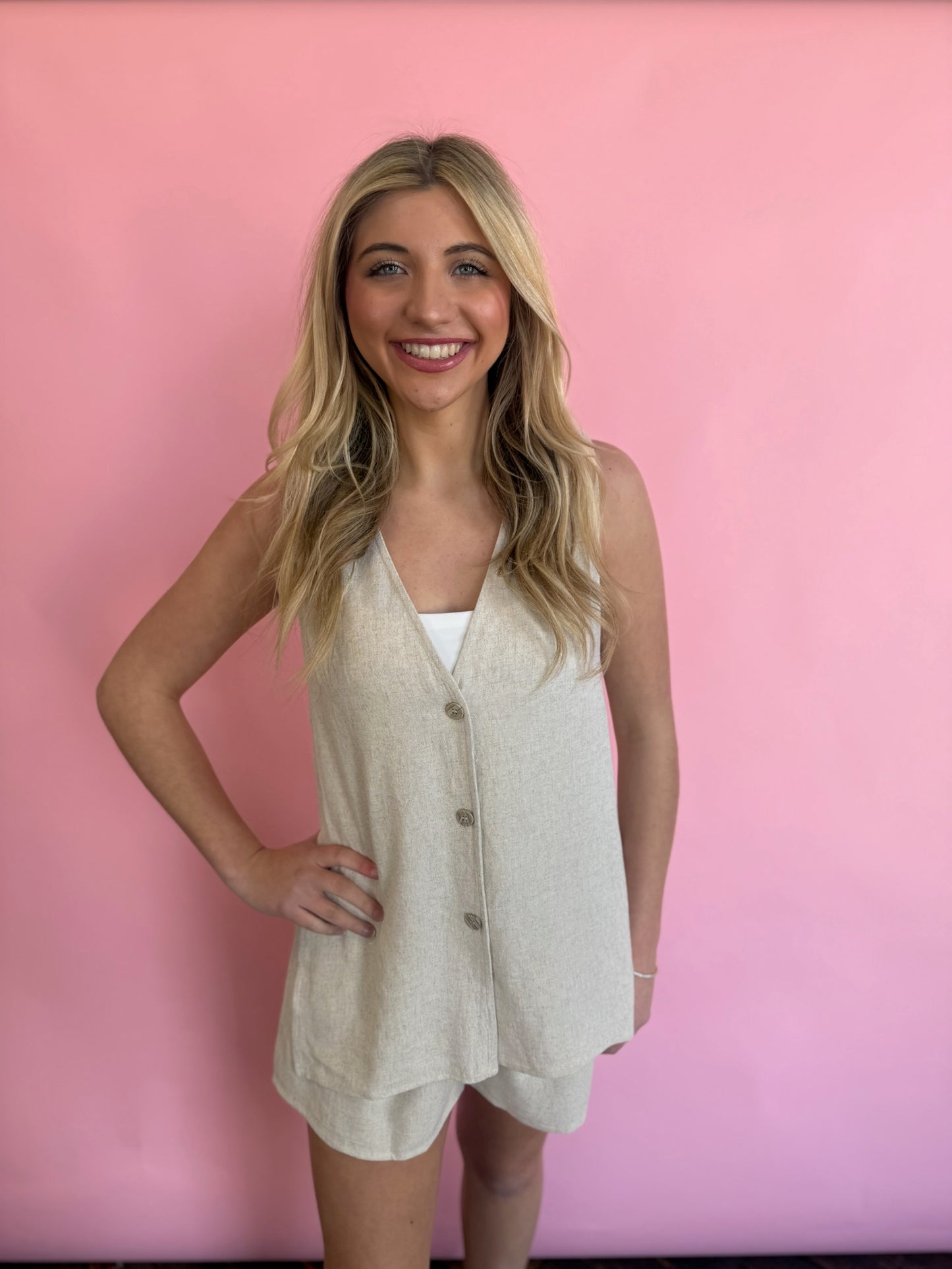 OATMEAL LINEN VEST/SHORT SET