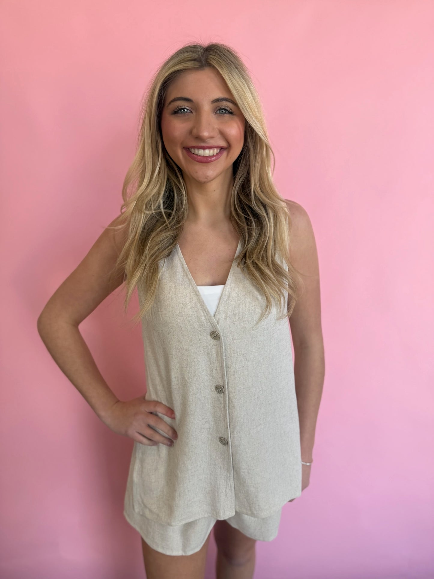 OATMEAL LINEN VEST/SHORT SET