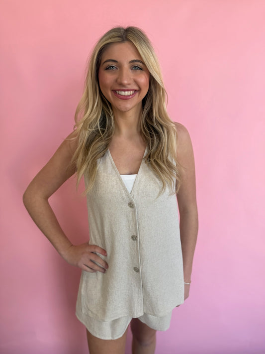 OATMEAL LINEN VEST/SHORT SET