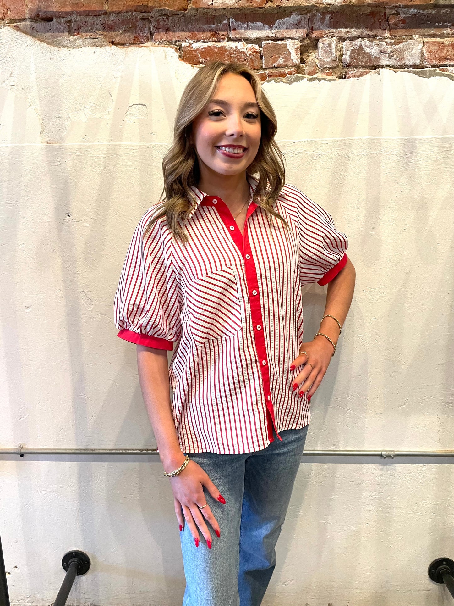 RED STRIPED PUFF SLEEVE BUTTONUP TOP