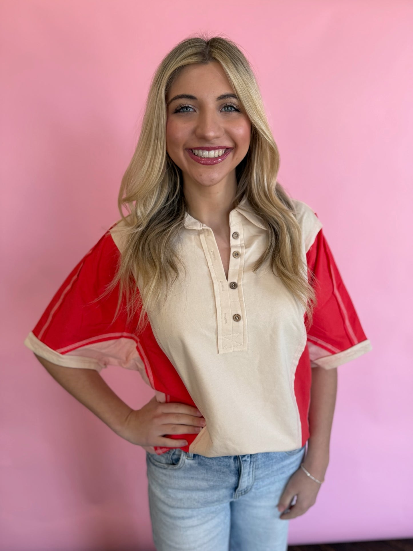 RED/PINK S/S COLORBLOCK TOP
