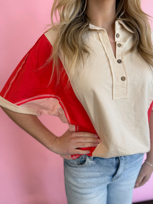 RED/PINK S/S COLORBLOCK TOP