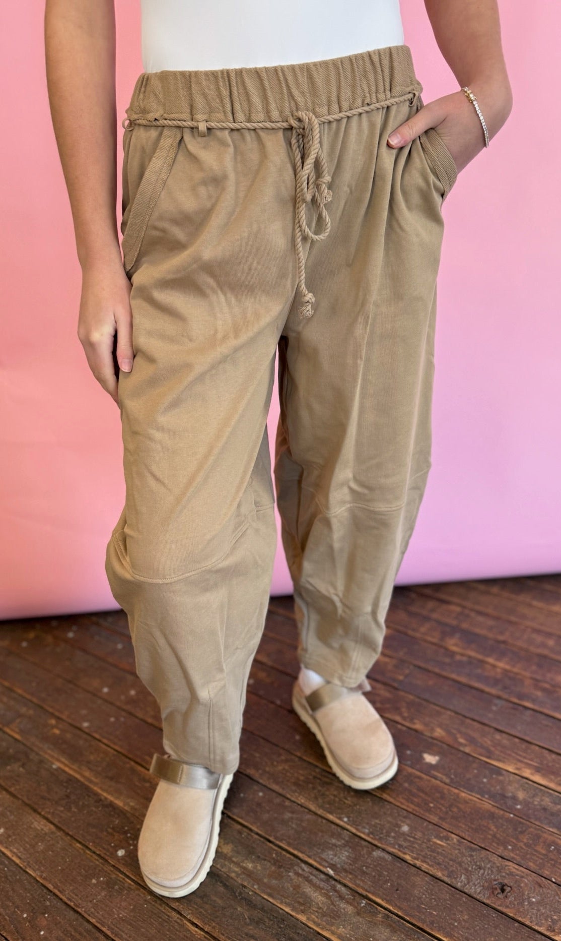 TAUPE TERRY BARREL PANTS