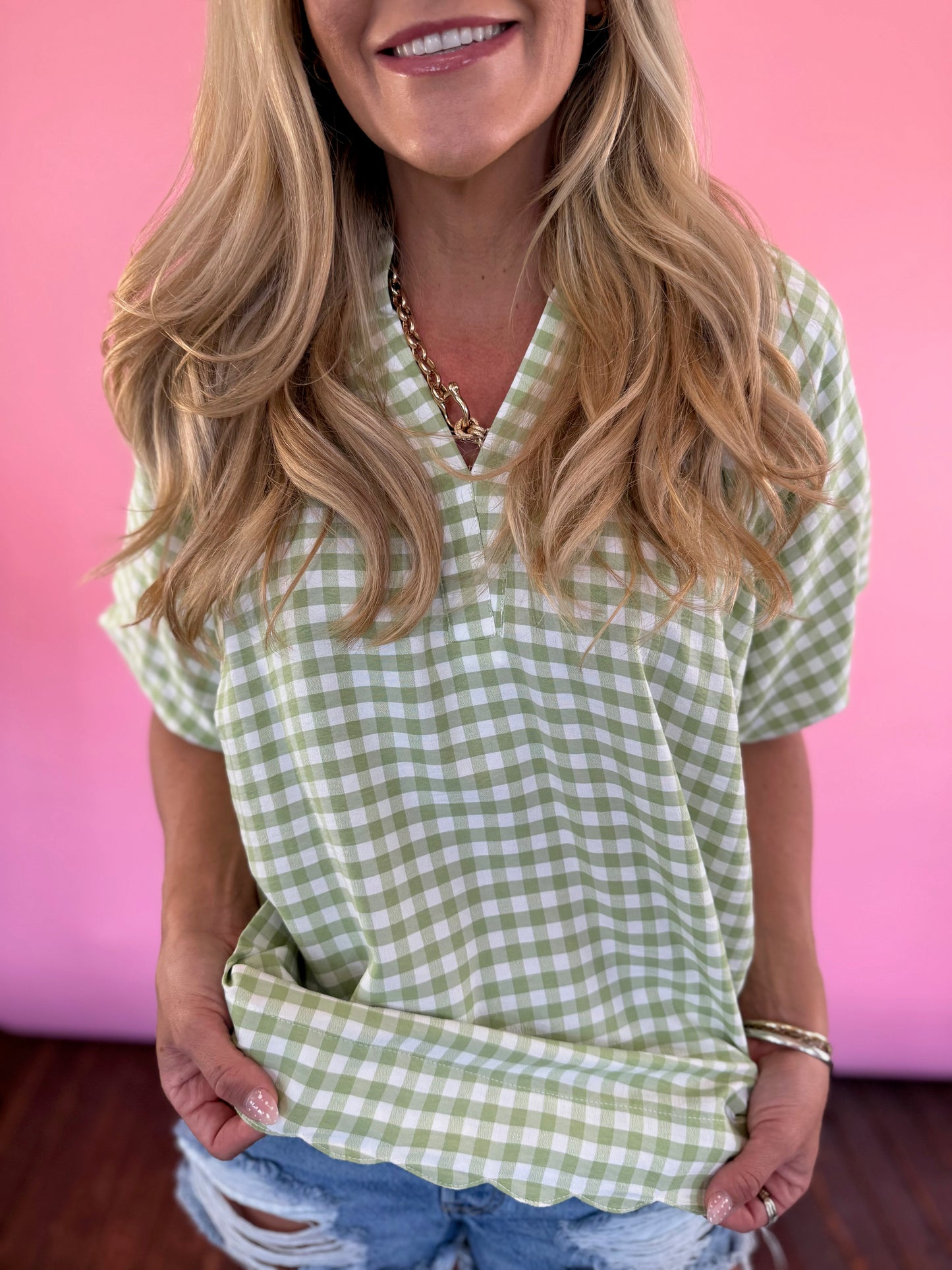 GREEN & WHITE CHECKED PUFF SLEEVE TOP
