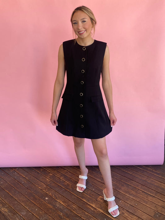 GOLD BUTTON BLACK DRESS