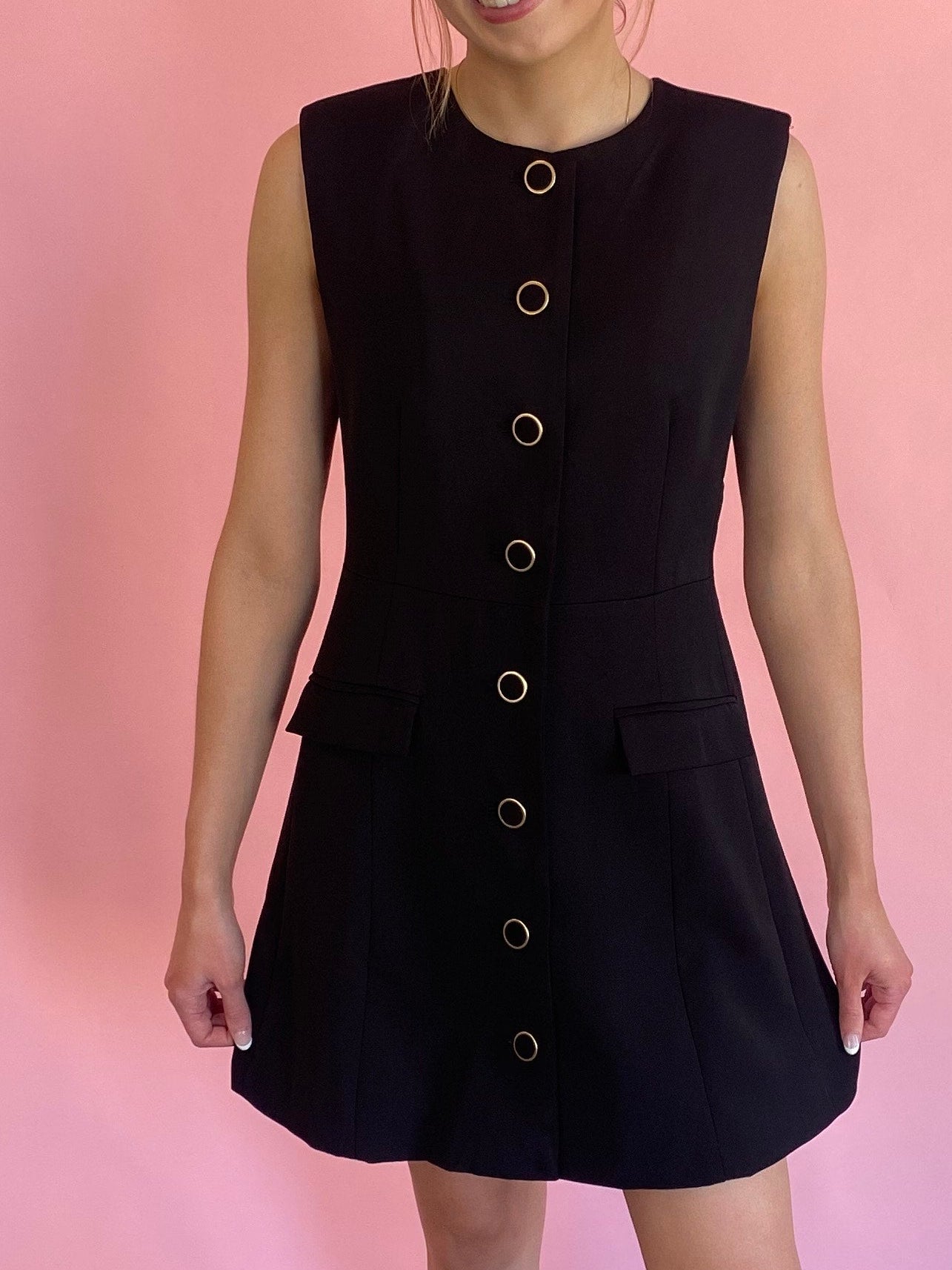 GOLD BUTTON BLACK DRESS